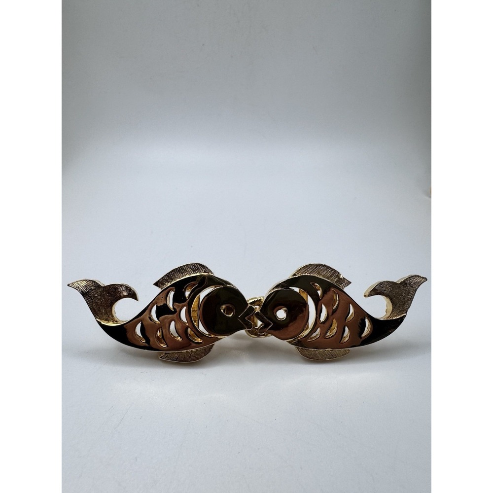 Vintage Signed Mimi di N KISSING FISH Gold tone BELT BUCKLE From 70s 3.25"